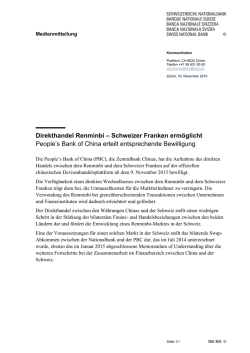 Direkthandel Renminbi - Schweizer Franken erm&ouml;glicht