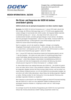 Die Strom- und Gaspreise der GGEW AG bleiben unver&auml;ndert g&uuml;nstig