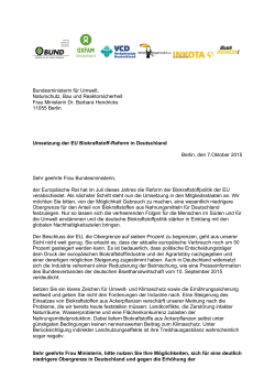 Offener Brief "Umsetzung der EU Biokraftstoff-Reform in