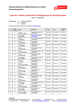 Liste der in Berlin anerkannten Prüfingenieure für Standsicherheit