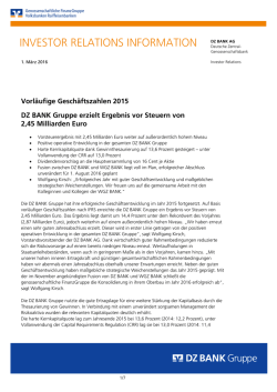 DZ BANK Gruppe erzielt Ergebnis vor Steuern von 2,45 Milliarden