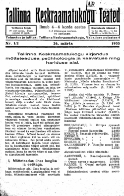 Ilmub 4&mdash;6 korda aastas Nr. 1/2 26. m&auml;rts 1935 Tallinna K