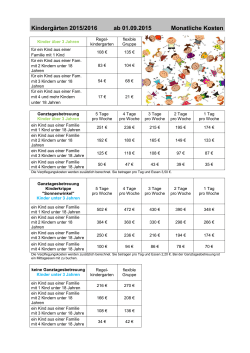 Kindergärten 2015/2016 ab 01.09.2015 Monatliche Kosten