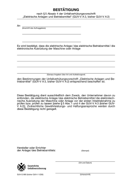 GUV-G 960 - Best&auml;tigung nach &sect; 5 Absatz 4 der UVV "Elektrische