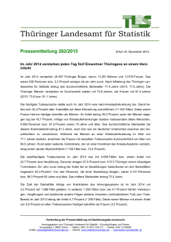 Im Jahr 2014 verstarben jeden Tag f&uuml;nf Einwohner Th&uuml;ringens an