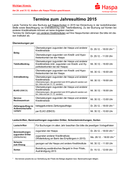 Jahresultimo-Termine f&uuml;r eine Buchung in 2015