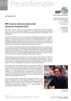 IMP-Forscher Johannes Zuber erhält Deutschen Krebspreis 2016