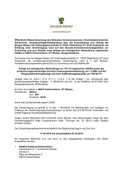 Öffentliche Bekanntmachung des Referates Immissionsschutz