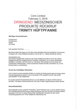dringend: medizinischer produkte r&uuml;ckruf trinity huftpfanne