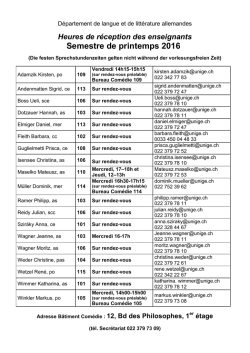 Heures de r&eacute;ception des enseignants Semestre de printemps 2016