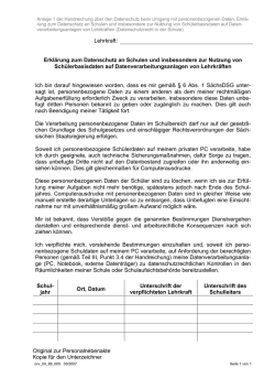 Lehrkraft: Erklärung zum Datenschutz an Schulen und insbesondere