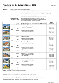 Preisliste für die Beispielhäuser 2015