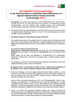 Informationsblatt f&uuml;r die Anmeldung an Schulen 2016/2017