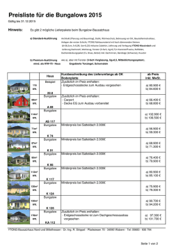 Preisliste für die Bungalows 2015