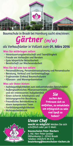 Gärtner (m/w) Gärtner (m/w) - Baumschulen Peter Riechers