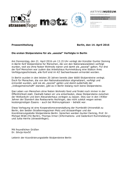 Pressemitteilung Berlin, den 14. April 2016 Die ersten Stolpersteine
