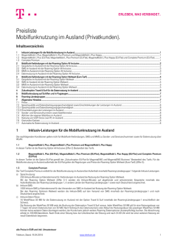 Preisliste Mobilfunknutzung im Ausland (Privatkunden).