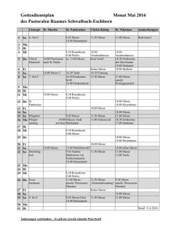 Gottesdienstplan Monat Mai 2016 des Pastoralen Raumes
