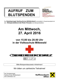 20 Uhr: Blutspendeaktion in der Volksschule Mittewald