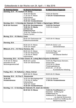 Gottesdienste in der Woche vom 24. April &ndash; 1. Mai 2016