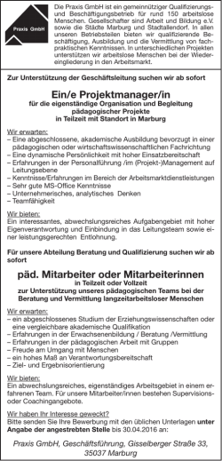 Ein/e Projektmanager/in p&auml;d. Mitarbeiter oder Mitarbeiterinnen