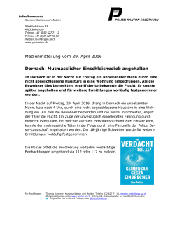Medienmitteilung vom 29. April 2016 Dornach: Mutmasslicher