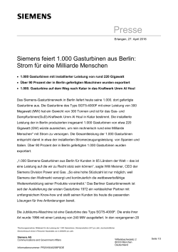Presseinformation: Siemens feiert 1.000 Gasturbinen aus Berlin