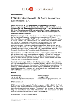 EFG International erwirbt UBI Banca International (Luxembourg) S.A.