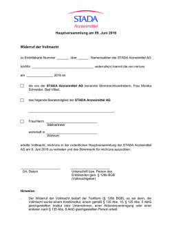 Hauptversammlung am 09. Juni 2016 Widerruf der Vollmacht