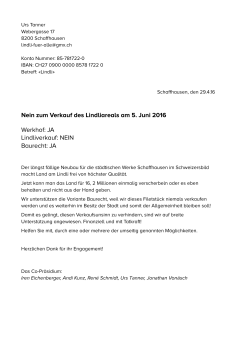 Nein zum Verkauf des Lindliareals am 5. Juni 2016 Werkhof: JA