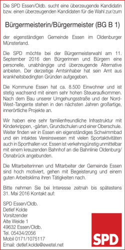 Stellenanzeige der SPD Essen/Oldb. - SPD-Bezirk Weser-Ems