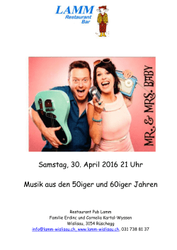 Samstag, 30. April 2016 21 Uhr Musik aus den 50iger und 60iger