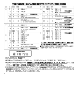 平成28年度 乳がん検診(集団マンモグラフィ検査)日程表