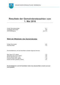 Resultate der Gemeinderatswahlen vom 1. Mai 2016