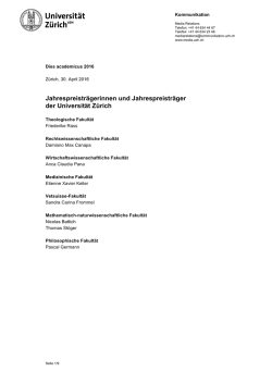 Jahrespreise 2016 - Universit&auml;t Z&uuml;rich