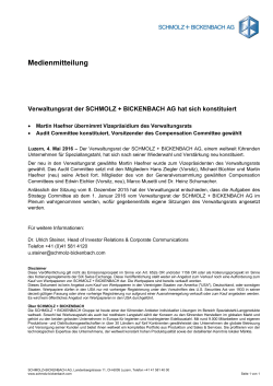 Verwaltungsrat der SCHMOLZ + BICKENBACH AG hat