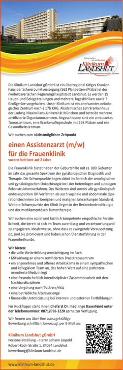 einen Assistenzarzt (m/w) f&uuml;r die Frauenklinik