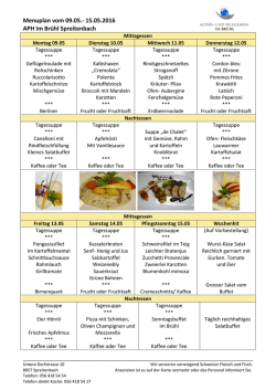 Menuplan vom 09.05.- 15.05.2016 APH Im Brühl Spreitenbach