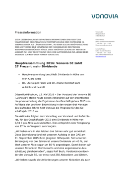 Hauptversammlung 2016: Vonovia SE zahlt 27 Prozent mehr
