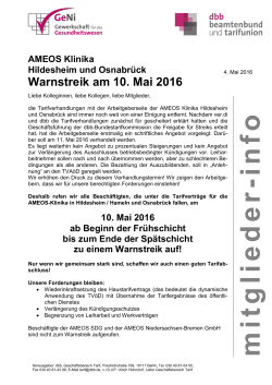"AMEOS Klinika Hildesheim und Osnabrück Warnstreik am 10. Mai