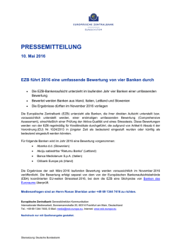 EZB führt 2016 eine umfassende Bewertung von vier Banken durch