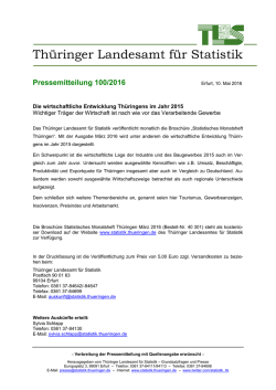 Die wirtschaftliche Entwicklung Thüringens im Jahr 2015 Wichtiger