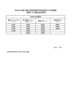 平成29年度沖縄工業高等専門学校専攻科入学者選抜 推薦による選抜