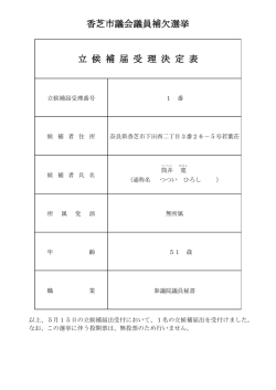香芝市議会議員補欠選挙 立 候 補 届 受 理 決 定 表