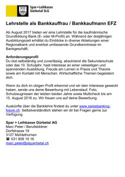 Inserat Lehrstelle - Spar + Leihkasse Gurbetal SLG