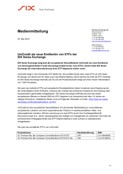 UniCredit als neue Emittentin von ETFs bei SIX Swiss Exchange