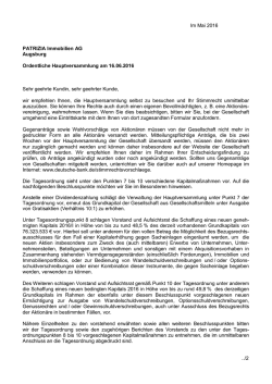 Im Mai 2016 PATRIZIA Immobilien AG Augsburg