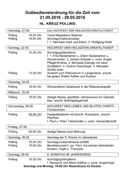 Gottesdienstordnung f&uuml;r die Zeit vom 21.05.2016
