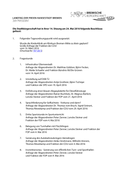 Die Stadtb&uuml;rgerschaft hat in ihrer 14. Sitzung am 24. Mai 2016