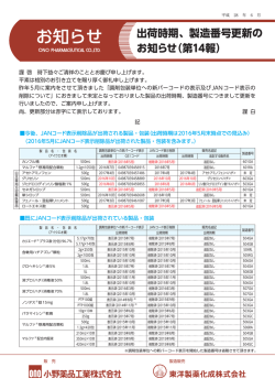 出荷時期、製造番号更新のお知らせ（第14報）
